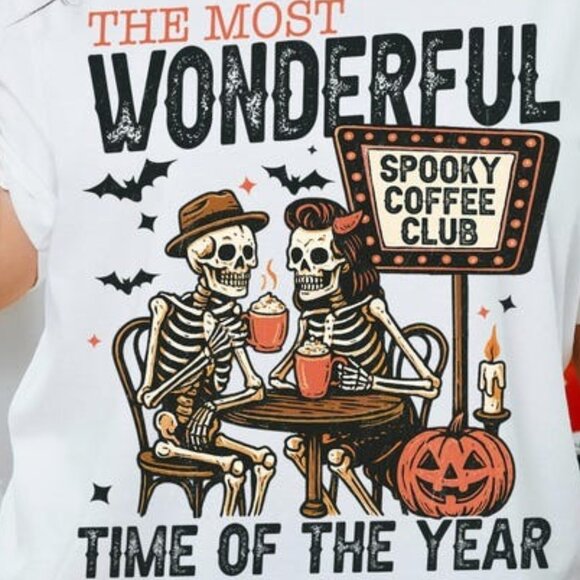 Skeletons Drinking Coffee, Retro Halloween Tee - Picture 2 of 3